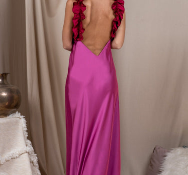 Vestido orquídea/cereza con volantes