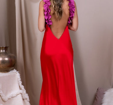 Vestido rojo/magenta con volantes